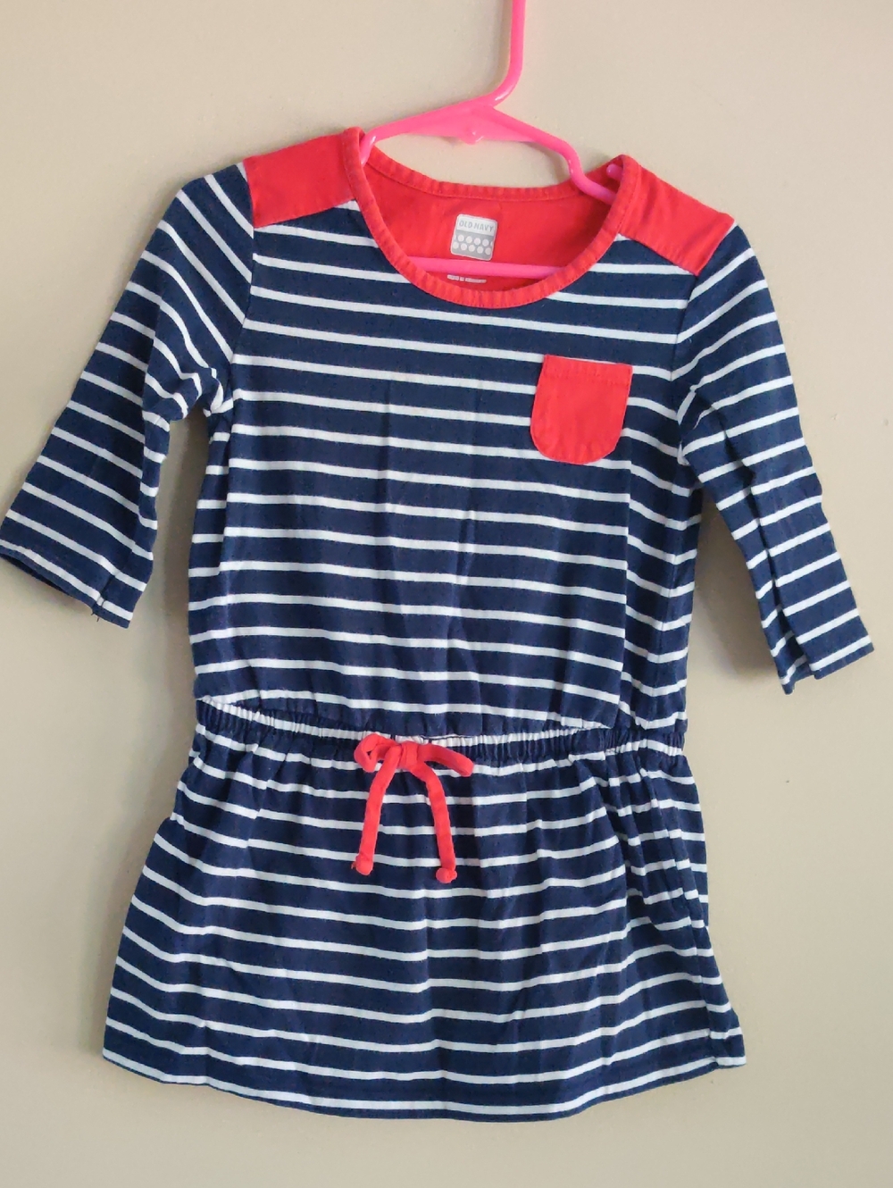 Old Navy Navy and Coral Striped Knit Dress with Drawstring